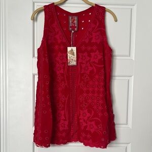 NWT Johnny Was Louie Tank Red Floral Embroidered Sleeveless Tunic SZ XS